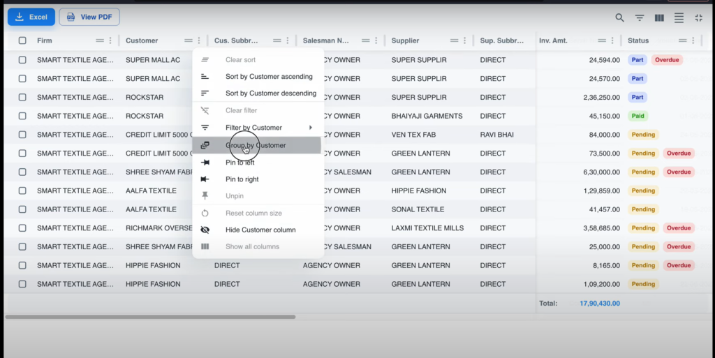 Menu section of column in invoice listwith group new features option