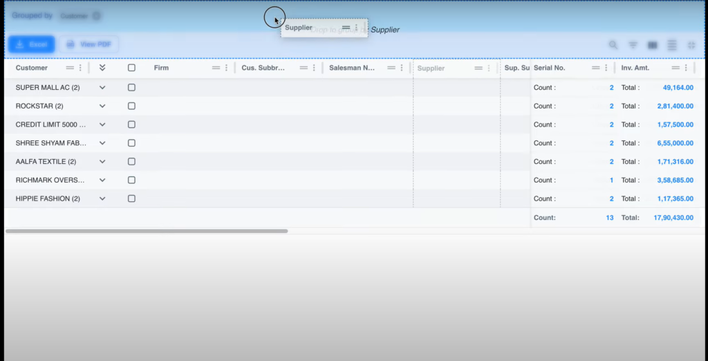 Dragging the Column and the group data shown here