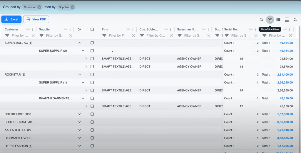Filter button above the columns the second 3 bar icon